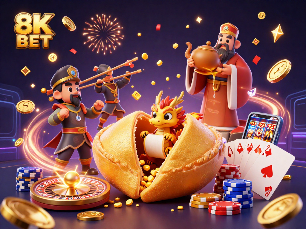 Experience thrilling wins at 8K BET while enjoying vibrant casino scenes filled with gold and excitement.