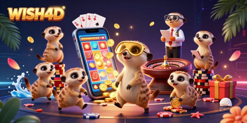 Engage with the WISH4D casino through a dynamic illustration of meerkats managing games, showcasing vibrant slot action.