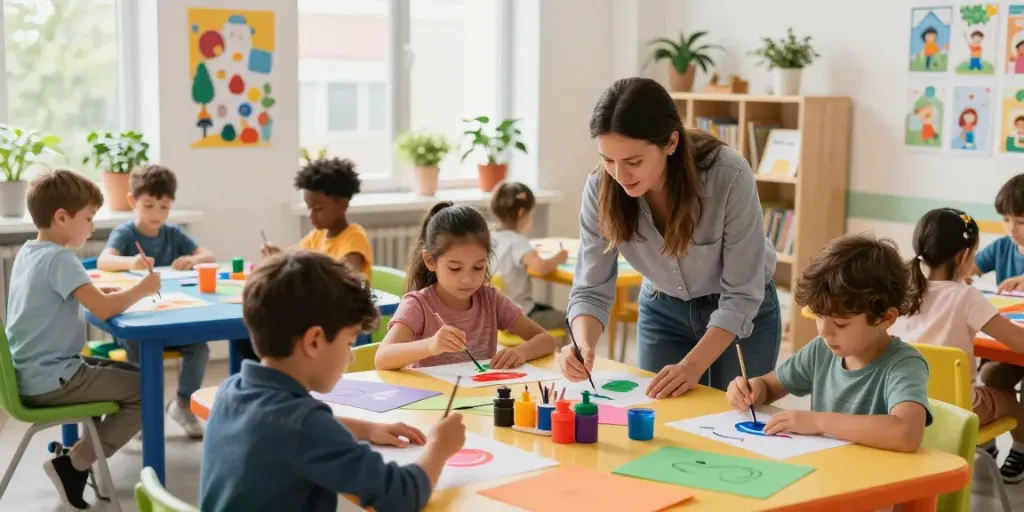 RUSUNTOTO di ruang kelas yang cerah dengan anak-anak belajar kreativitas dan karakter di https://rusuntoto.it.com/