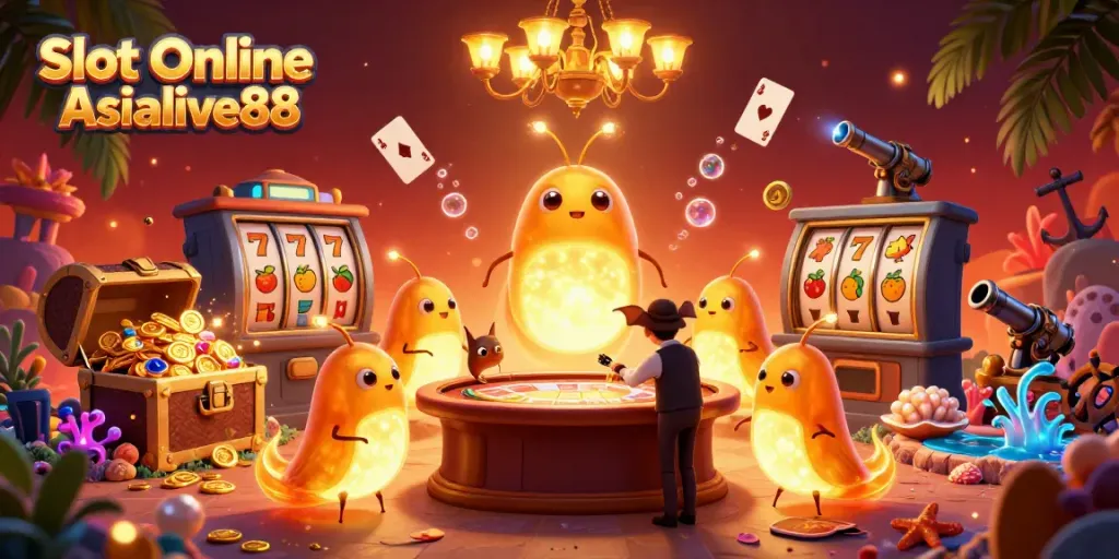Experience the thrill of Slot Online Asialive88 with a vibrant casino scene featuring luminous characters and dynamic game elements.