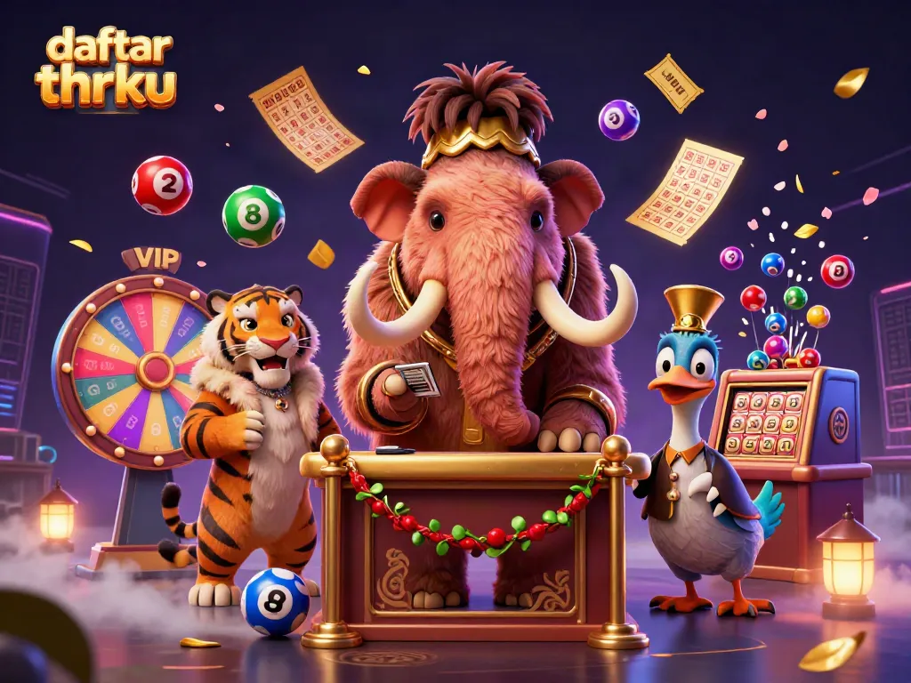 Trigger excitement at daftar thrku with vibrant lottery balls and unique casino characters in an engaging pun-filled scene.