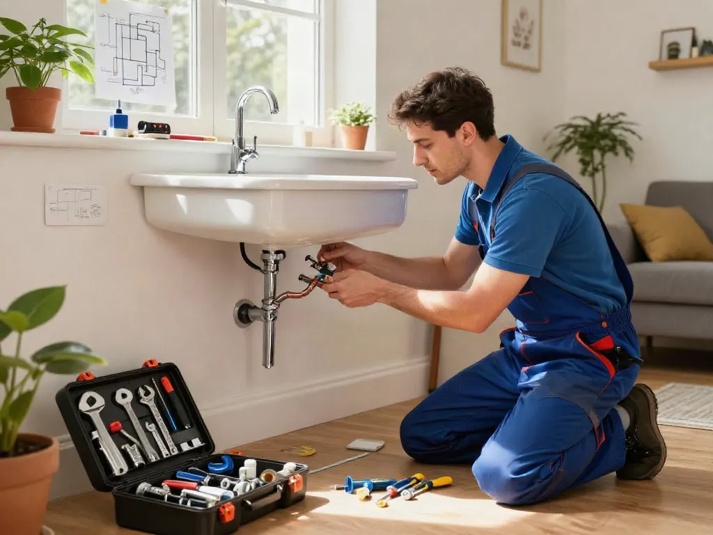 Expert plumber from wefix london repairing a modern sink fixture with tools in a well-lit home.