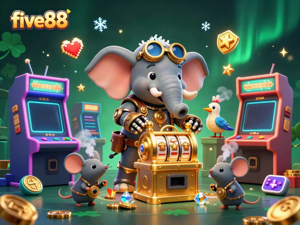 Spin to win at five88 with an enchanting steampunk elephant and vibrant casino elements.