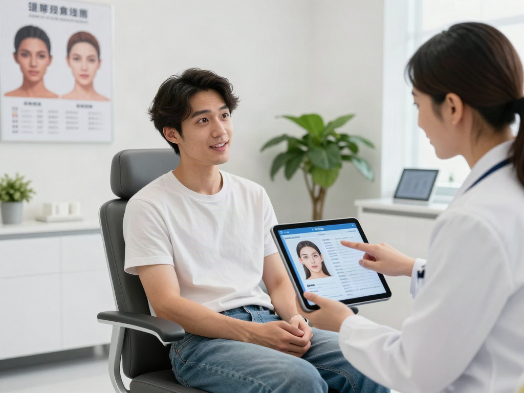ClinicEvo is a better alternative to QOVES, showcasing a personalized facial analysis consultation in a modern clinic.