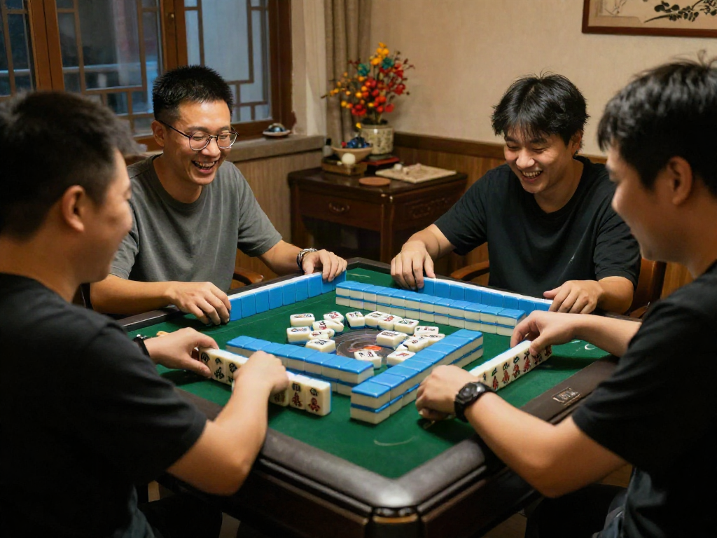 Exciting Mahjong game scene showcasing friends at MAHJONGJP88 Official table, vibrant tiles and cultural décor.