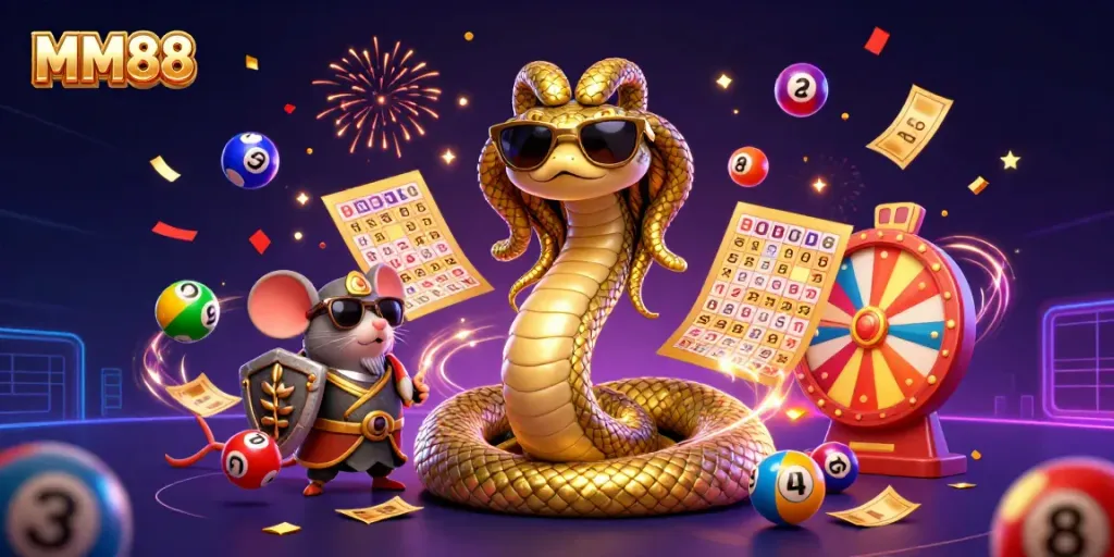 Experience the excitement of MM88 with a vibrant, dynamic gaming scene featuring playful characters and lottery elements.