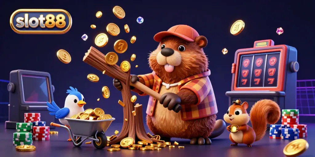 Engage with slot88 as a beaver character earns golden coins in a vibrant casino scene.