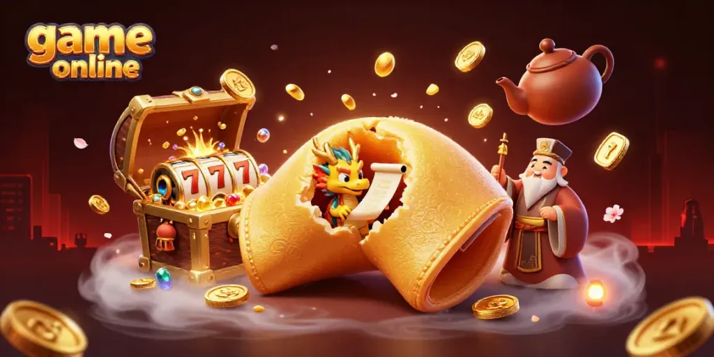 Experience thrilling game online action with a vibrant 3D fortune cookie scene featuring a dragon and treasure.