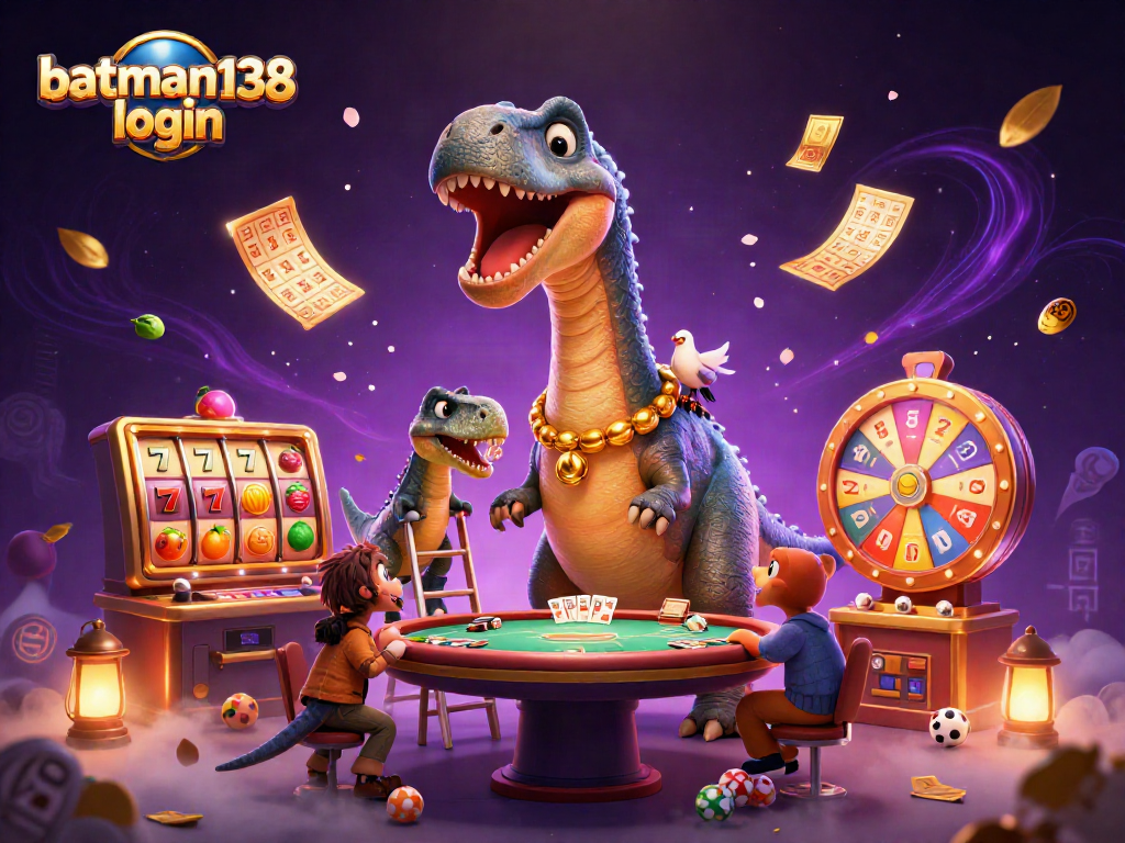 Engage in dynamic gaming action with batman138 login at a whimsical casino scene featuring fun characters and vibrant elements.