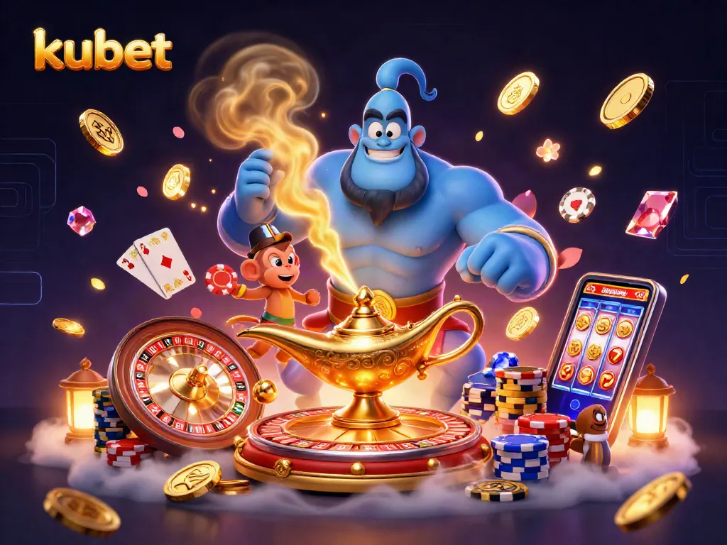 Winning big with kubet in a lively casino scene featuring a magical genie and poker elements.