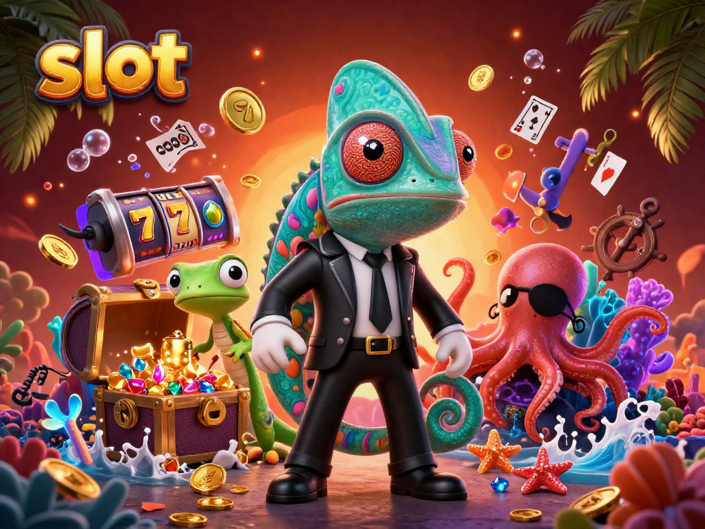 Spin the slot reels with cartoon characters celebrating wins amidst treasure-filled underwater adventure.