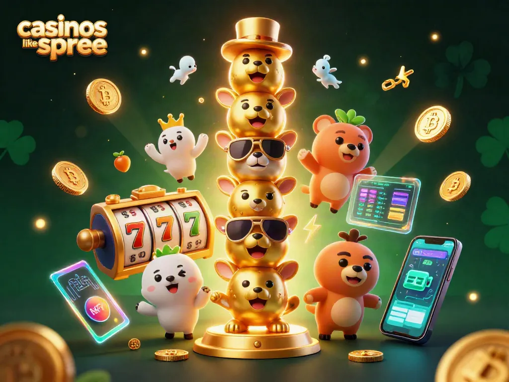 Experience the thrill of casinos like spree with our rich 3D illustration showcasing dynamic slot reels and golden coins.