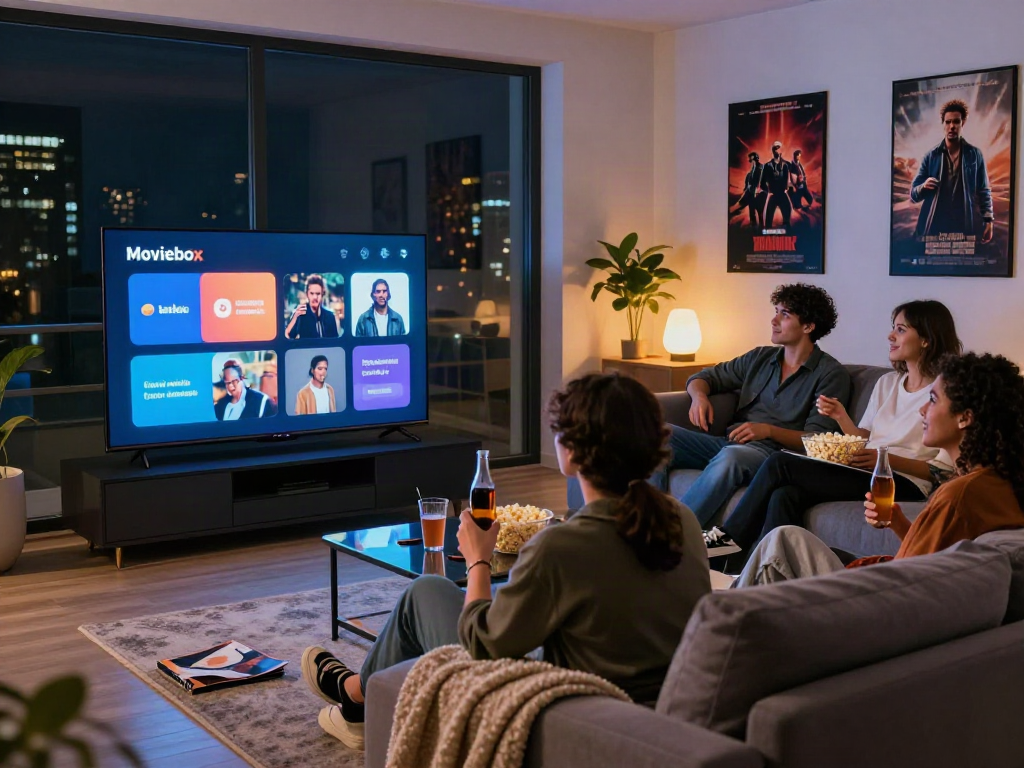 Friends enjoying movie night using the Moviebox app on a smart TV in a cozy living room.