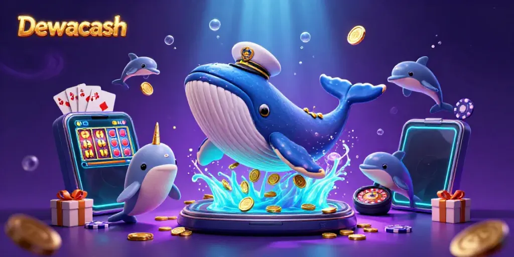 Engage with Dewacash through playful dolphins and a fun whale, amidst vibrant casino elements.