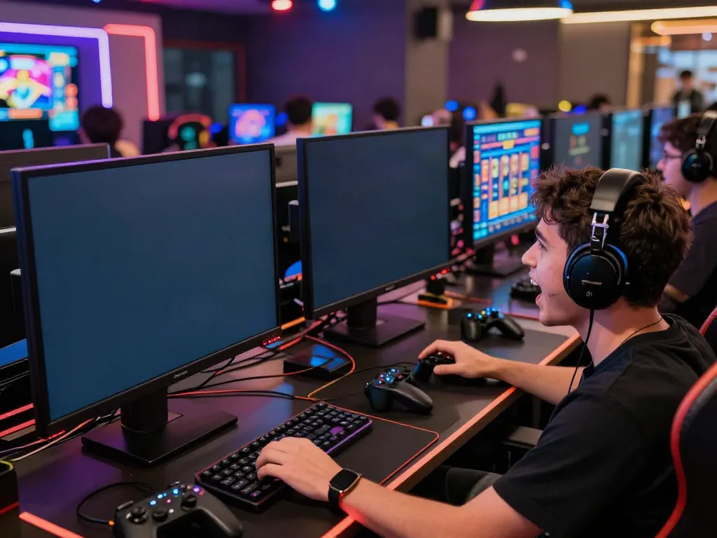 Engaged player enjoying the batman138 slot in a vibrant gaming setup with screens and LED lighting.