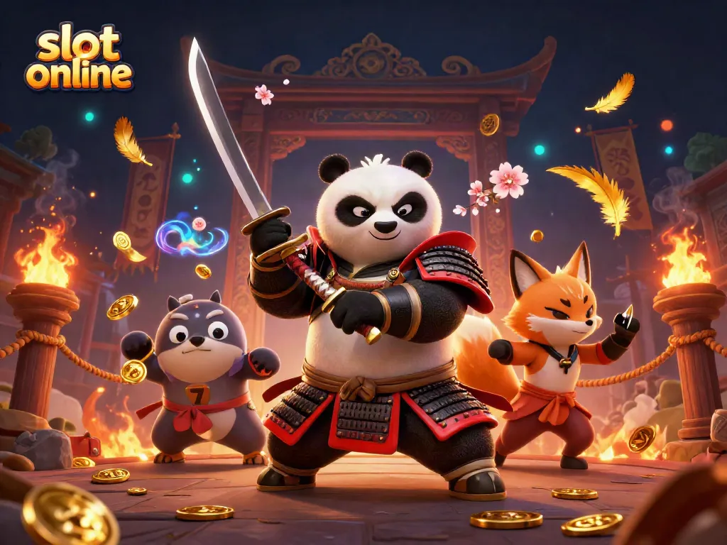 Experience slot online excitement with samurai panda and ninja fox in this 3D casino scene.