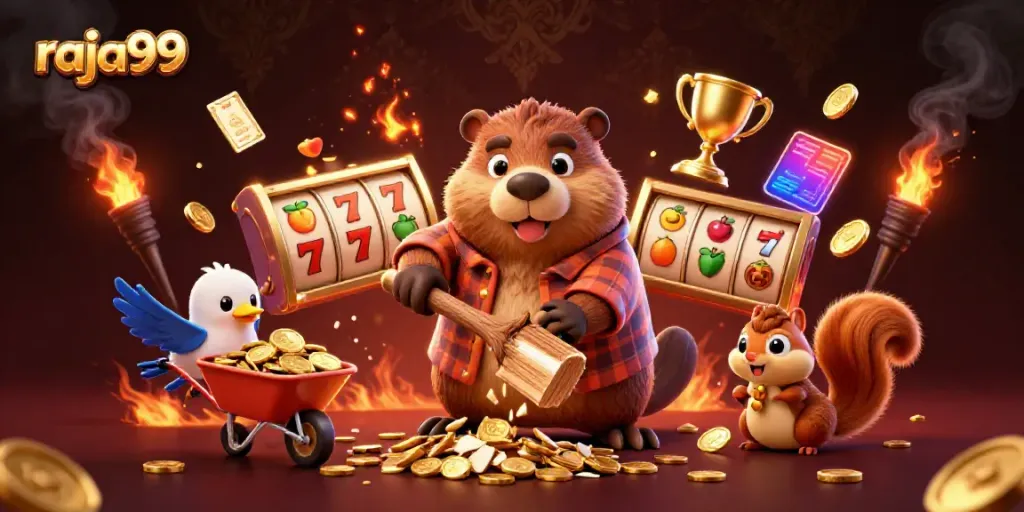 Experience raja99's vibrant casino scene with a whimsical beaver and treasure elements.