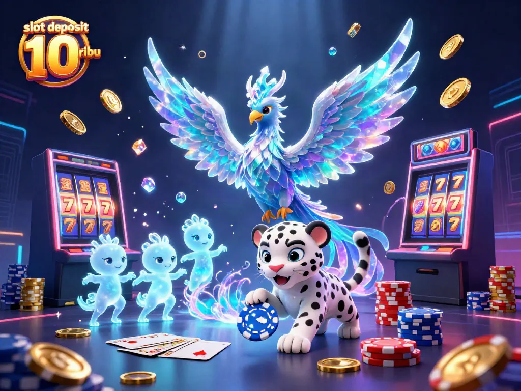 Play slot deposit 10 ribu with the magical ice phoenix and vibrant casino elements in a lively scene.
