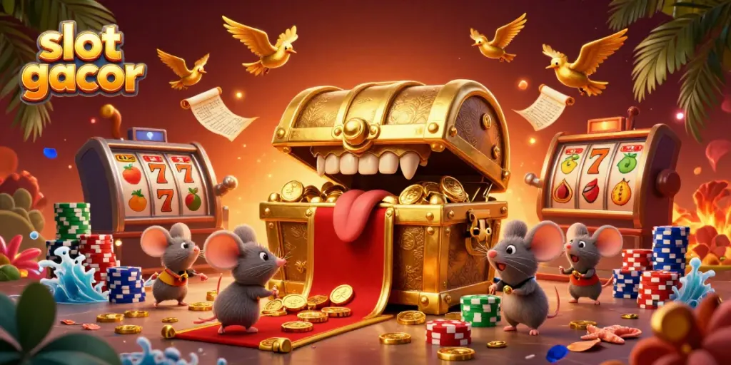 Play exciting slot gacor games with vibrant characters in a colorful casino scene.