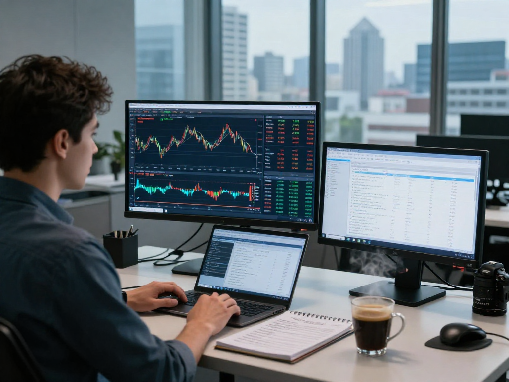 "Trader using metatrader 5 on dual monitors for real-time market analysis in a modern office setting."