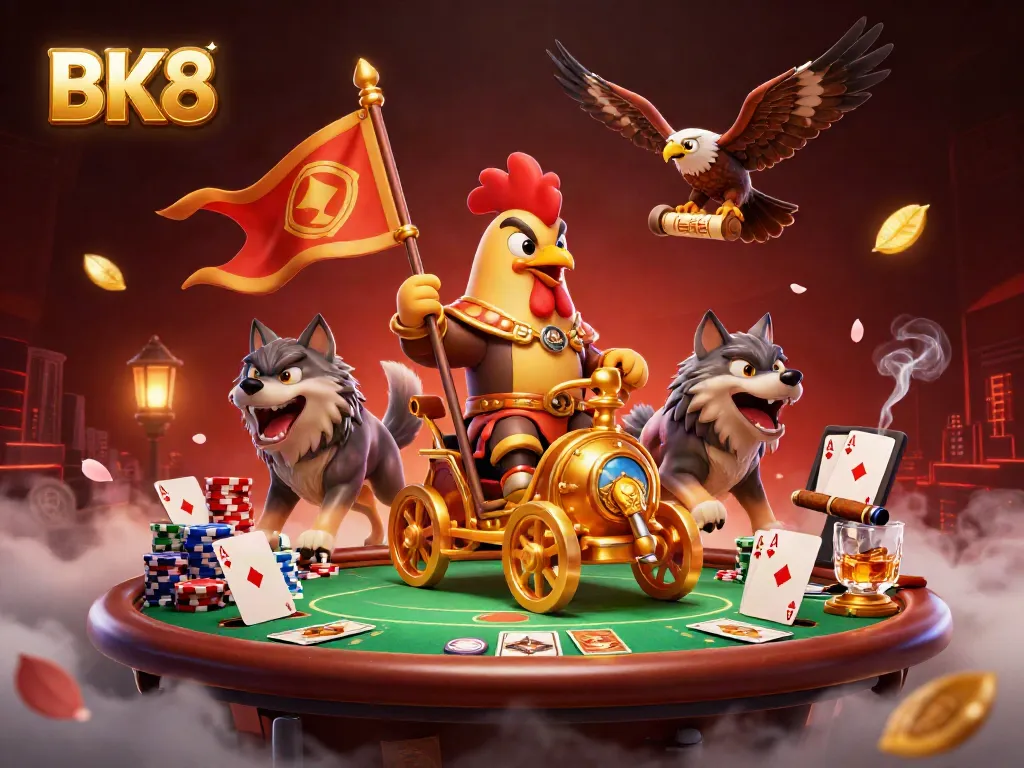 Experience the thrilling adventures at BK8 with our cartoon rooster warlord leading the charge in a vibrant casino setting.
