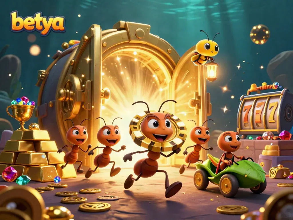 Experience the thrill of adventure with betya as ants embark on a wild heist, carrying a giant poker chip.