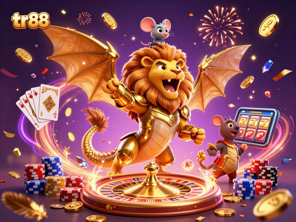 Experience the excitement of tr 88 online casino with a roaring golden chimera amidst swirling coins and vibrant energy.