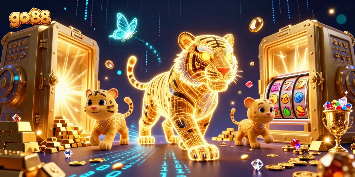 Experience go 88's digital casino world with a dazzling tiger, treasures, and slot reels in a vibrant 3D illustration.