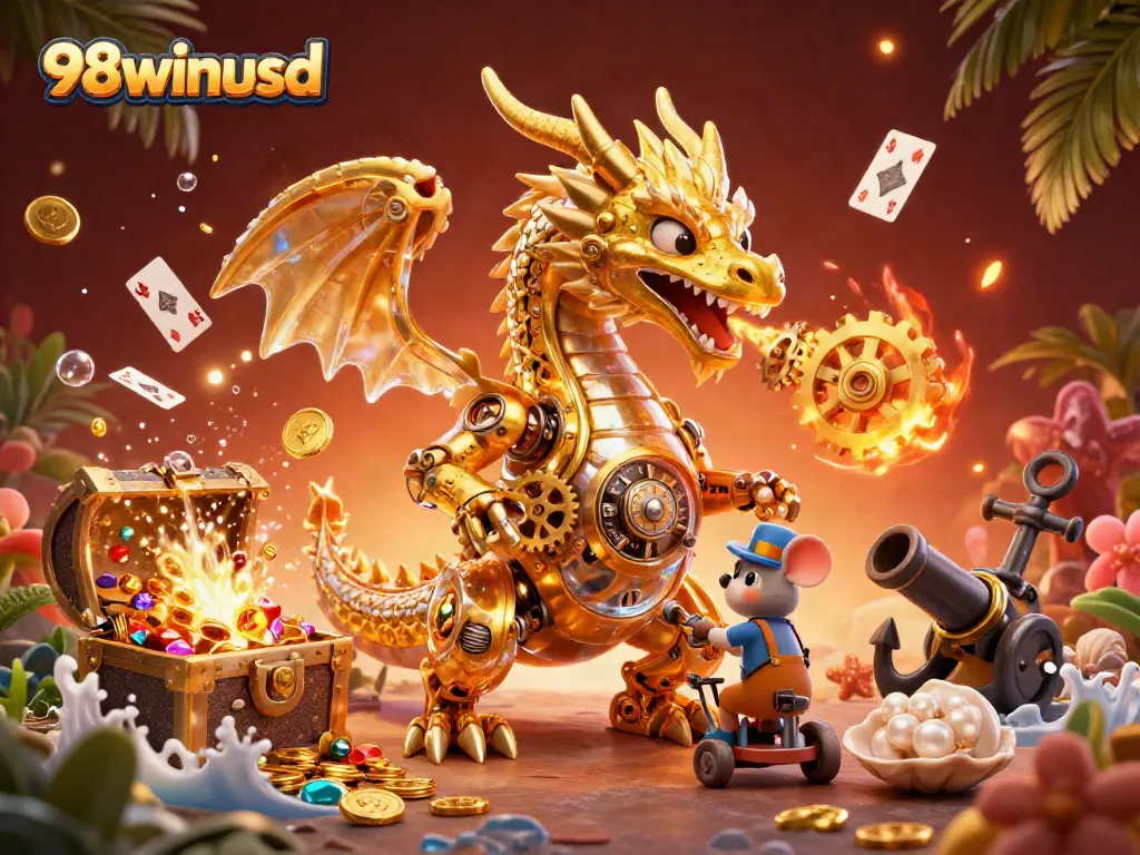 A vibrant 3D scene showcasing the dragon from 98winusd emerging amid colorful treasure, enhancing the gaming atmosphere.