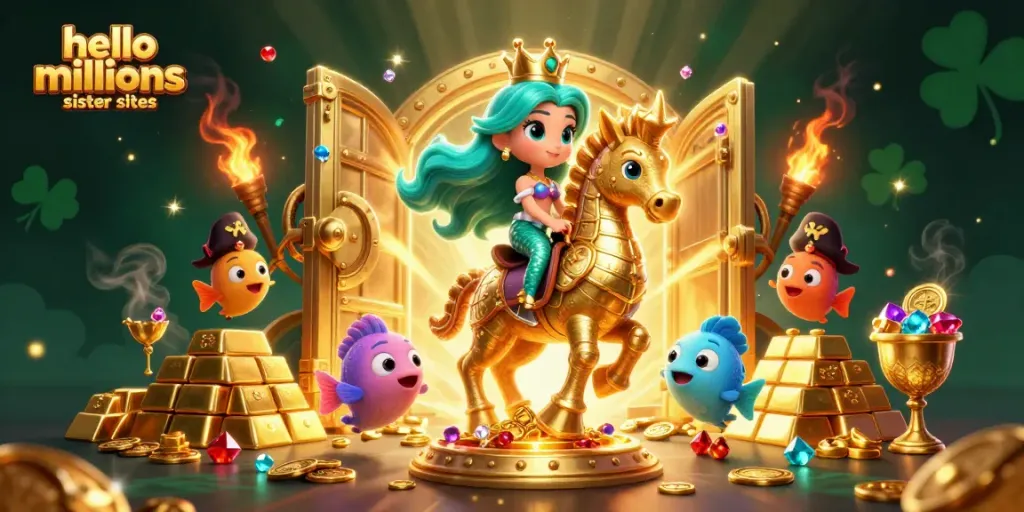 Explore hello millions sister sites in this vibrant, colorful sweepstake casino scene filled with treasures.