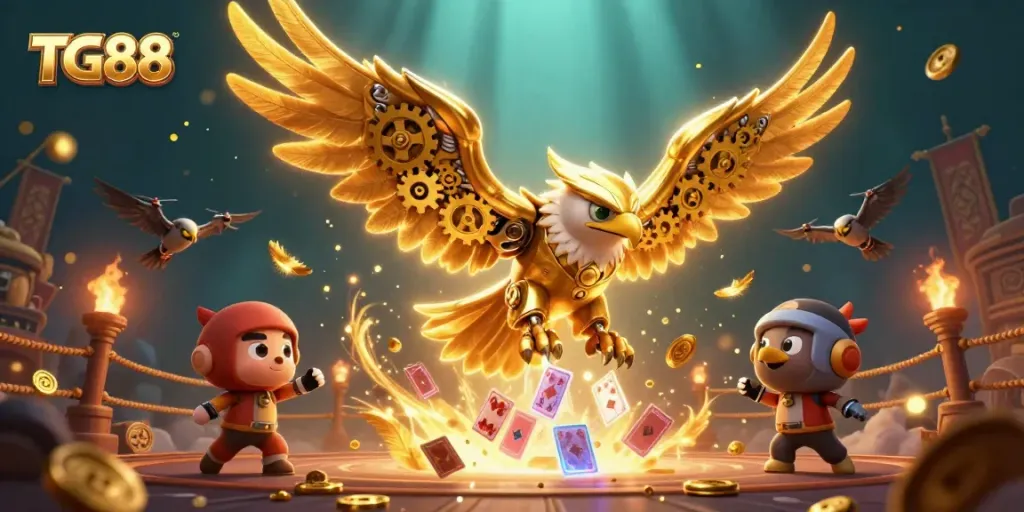 Engage with TG88 as a dynamic golden eagle soars through a vibrant casino scene filled with excitement.