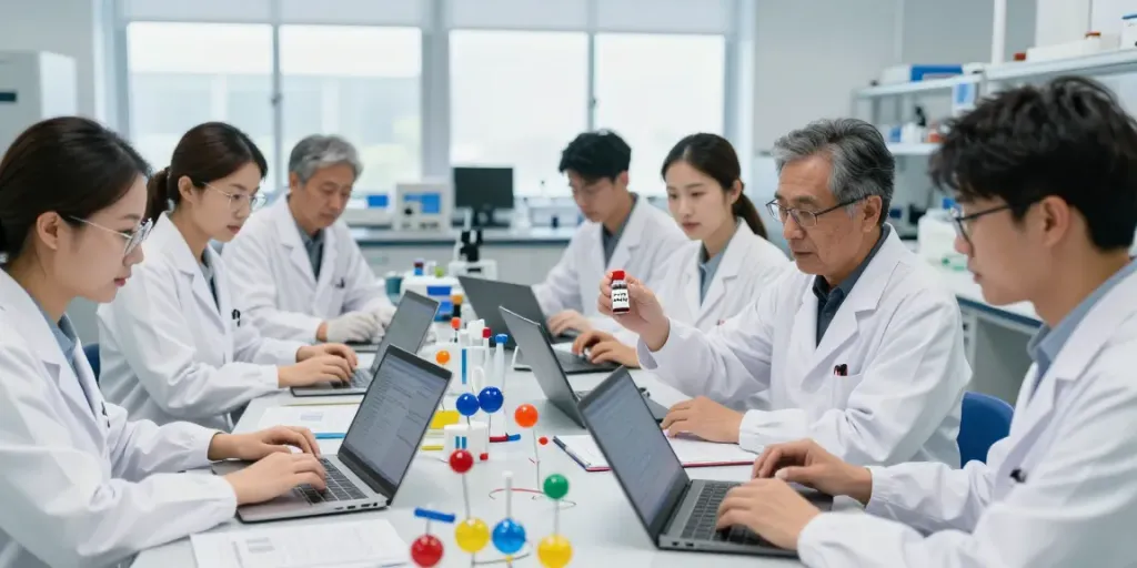 Research team examining cjc ipa blend in a dynamic laboratory.
