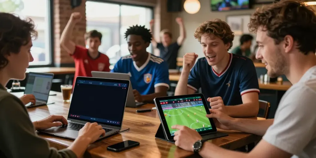 Users enjoying the WWBOLA sports betting experience in a lively bar with real-time match updates.