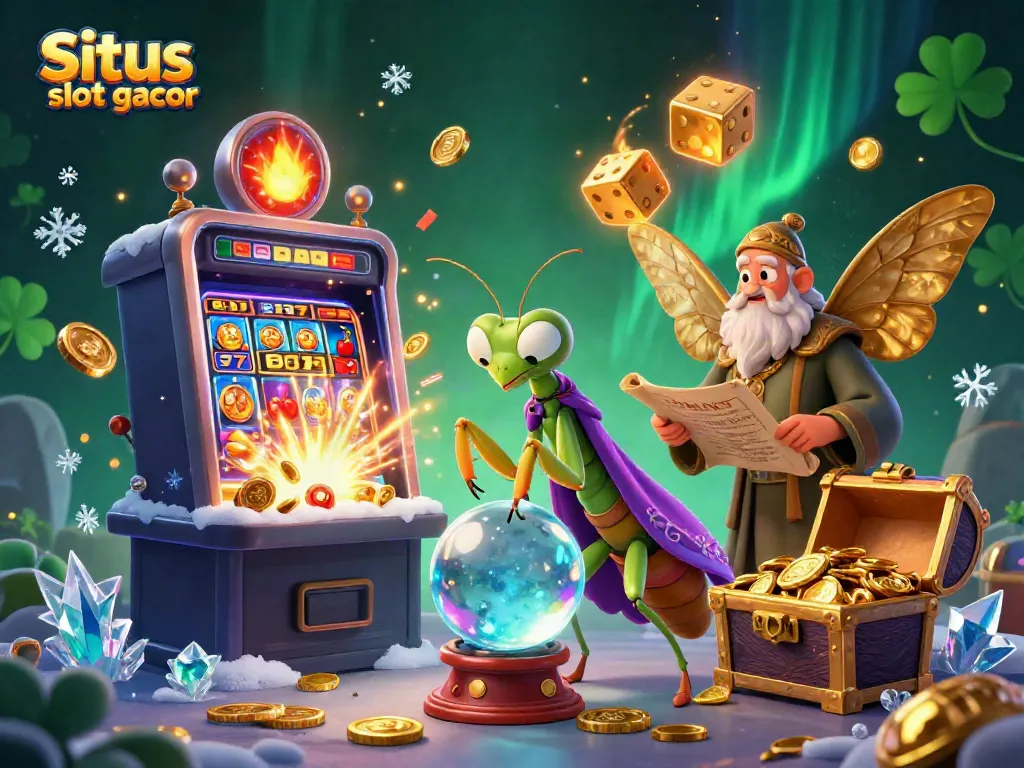 Situs slot gacor scene with a fortune teller, a librarian, and oracles amid a slot machine explosion, conveying excitement.