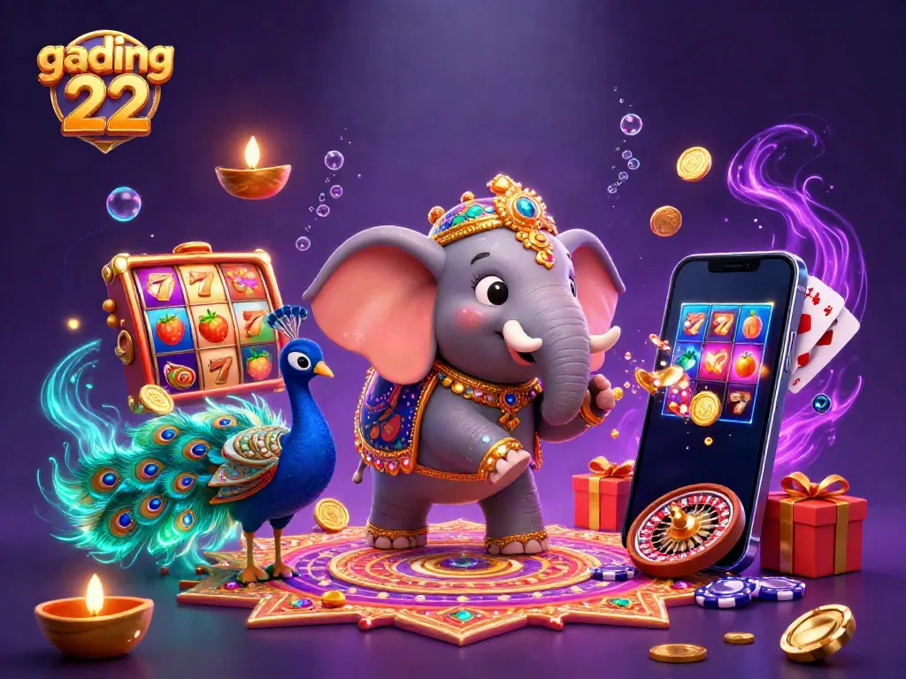 Engage with gading 22's vibrant slot games through this energetic 3D illustration.