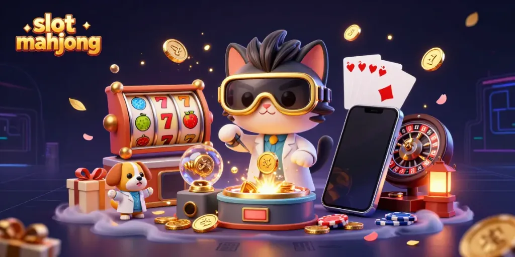 Spin the reels with slot mahjong in this vibrant 3D scene showcasing a mad scientist cat and assistant!
