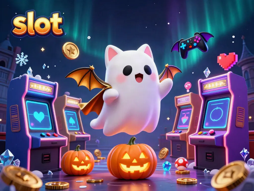 Experience the thrill of slots with a ghost cat and vibrant arcade elements in a haunted casino scene.