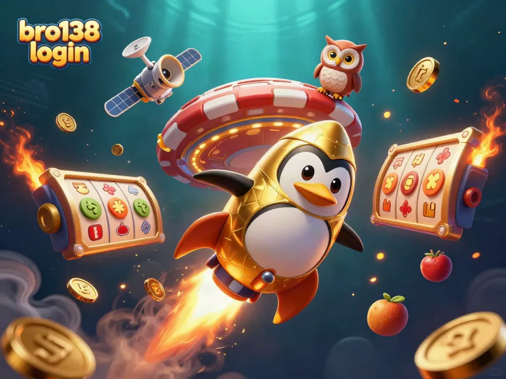 Experience the excitement of bro138 login with a golden penguin and vibrant slots in this dynamic casino scene.