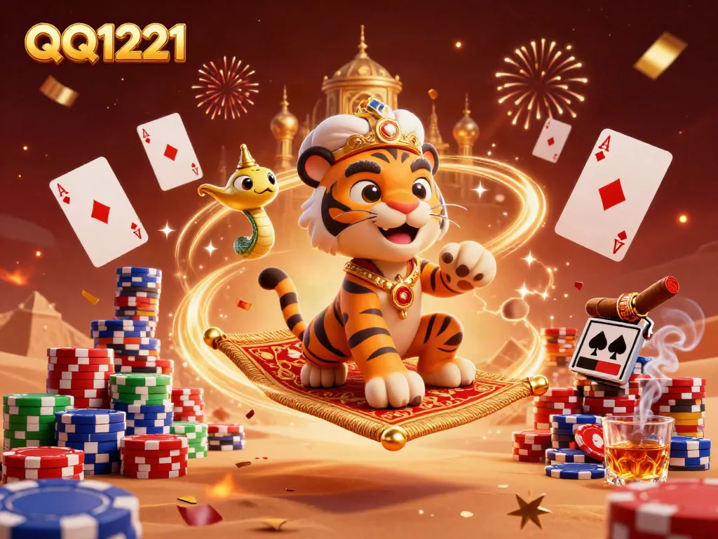 Engage in QQ1221 gaming with a vibrant 3D Arabic casino scene featuring a tiger sultan and dazzling elements.