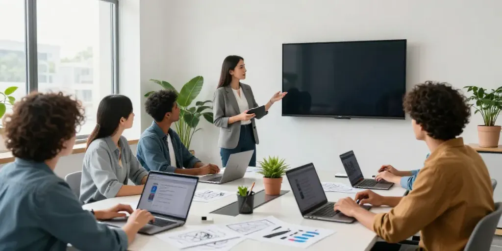 Team collaboration discussing AI social media video generator pricing in a modern office setting.