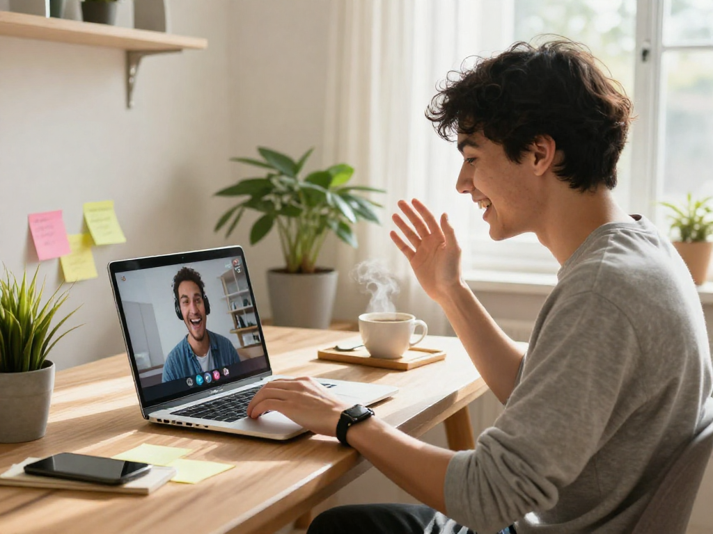 Enjoying a random chat with a stranger in a cozy home office setting.