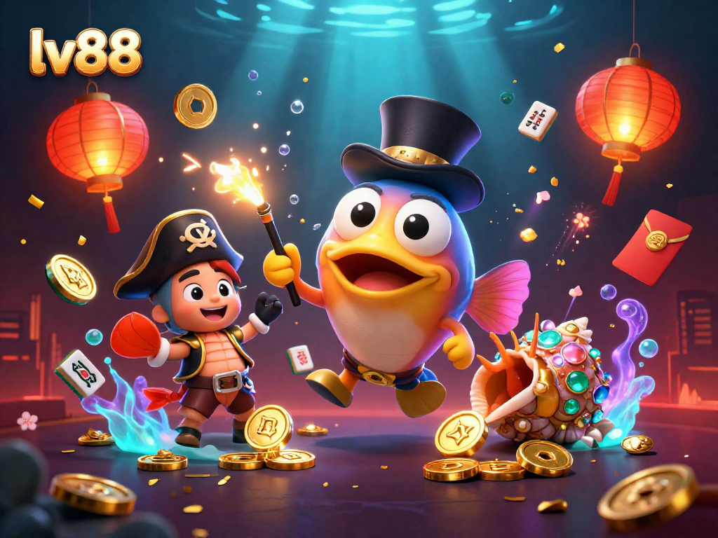 lv88 offers an engaging casino adventure with treasures and fun, featuring characters like an anglerfish and pirate shrimp.
