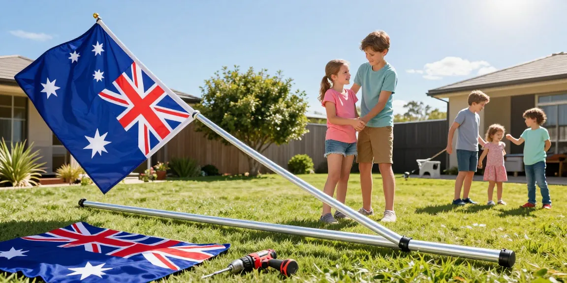 Happy family assembling a flag pole kit Australia in their backyard with a colorful Australian flag.