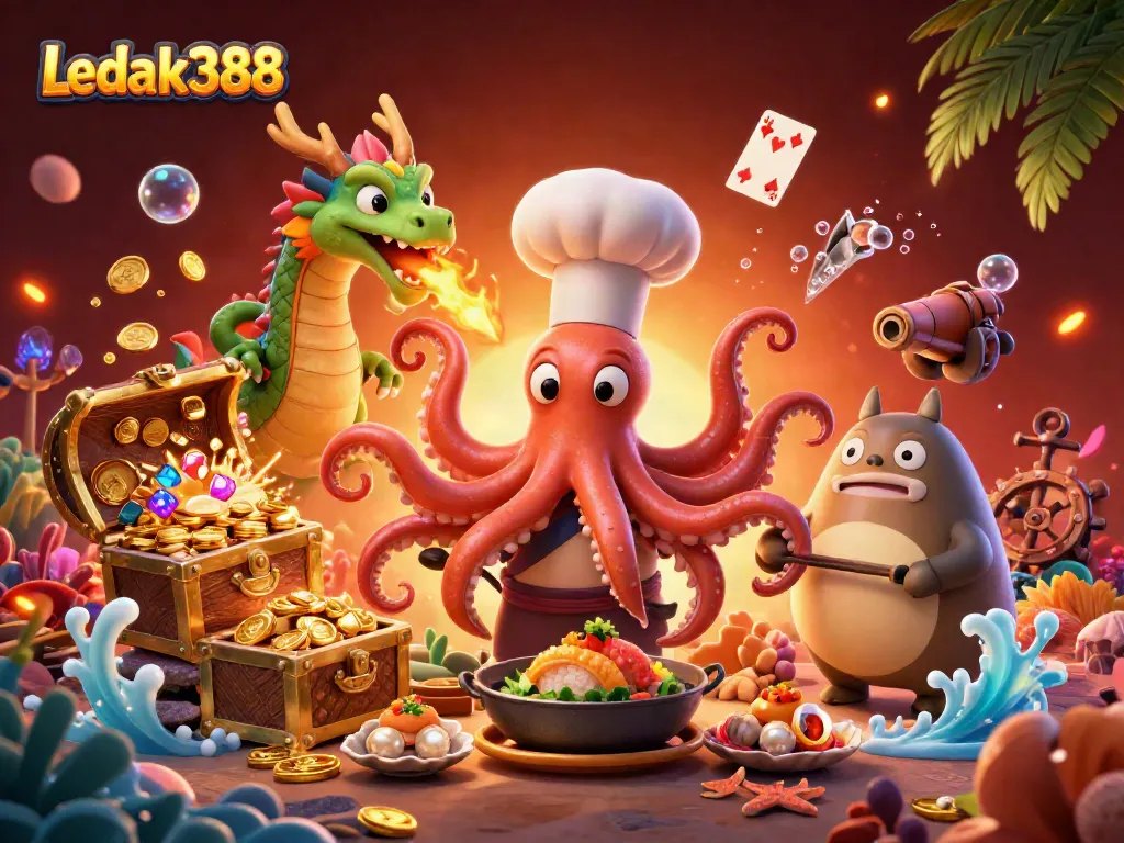 Engage in thrilling gameplay at Ledak388 with a fiery dragon and a sushi chef in a vibrant casino scene.
