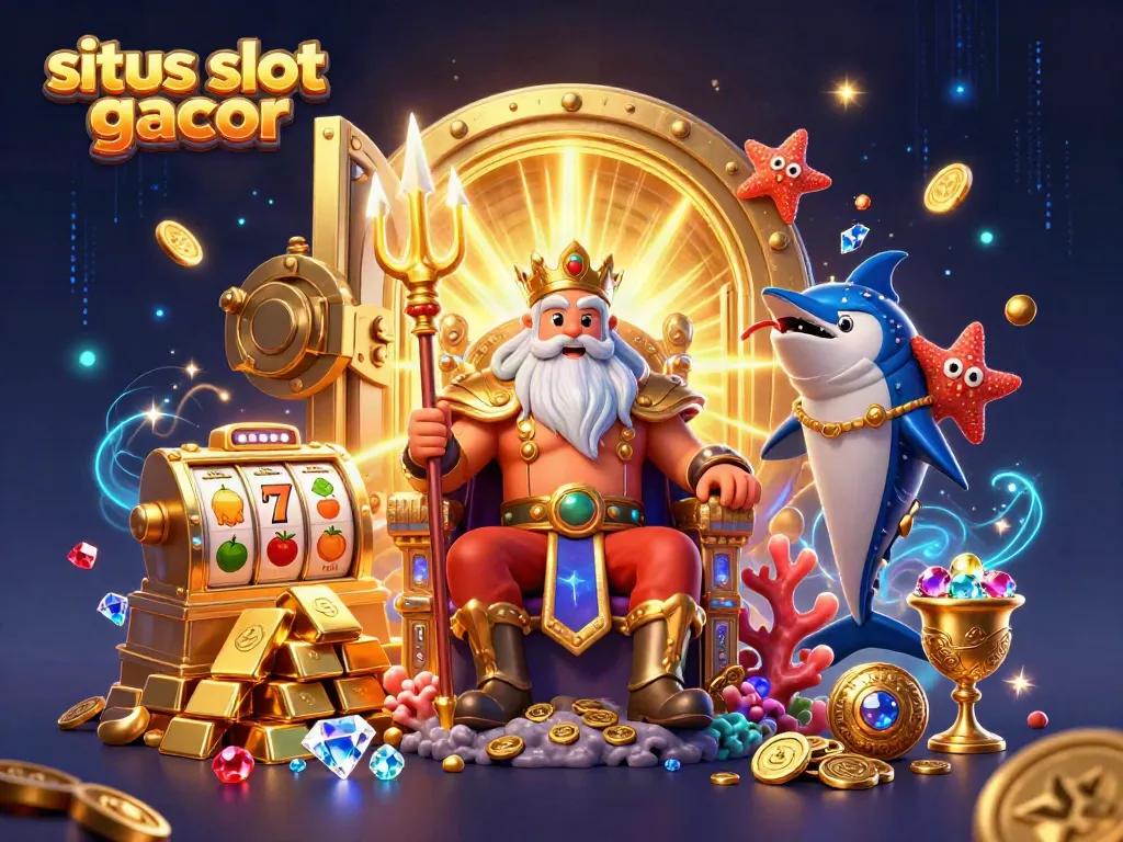 Experience the excitement of situs slot gacor with Neptune and treasures in this colorful 3D scene.