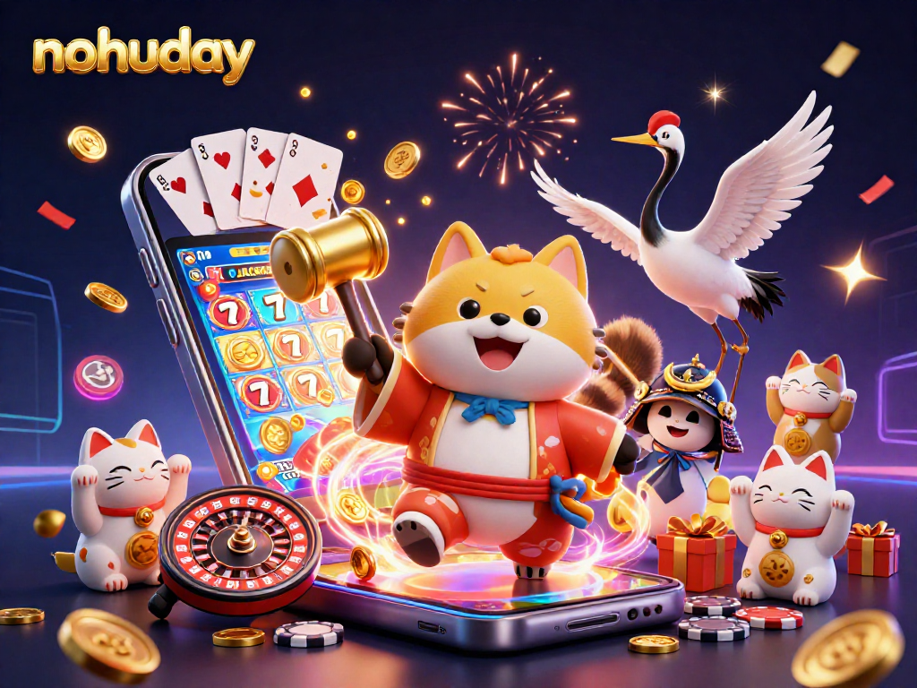Experience thrilling slots action with nohuday's cheerful tanuki and festive fortune cats showcasing jackpot excitement.