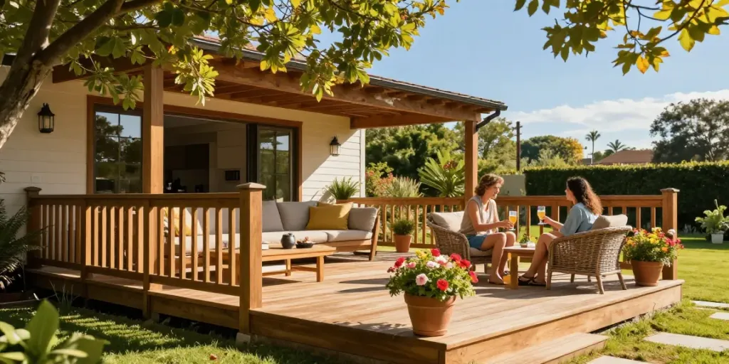 Deck Builders Eastwood crafted a stunning outdoor space for relaxation with vibrant plants and cozy furnishings.