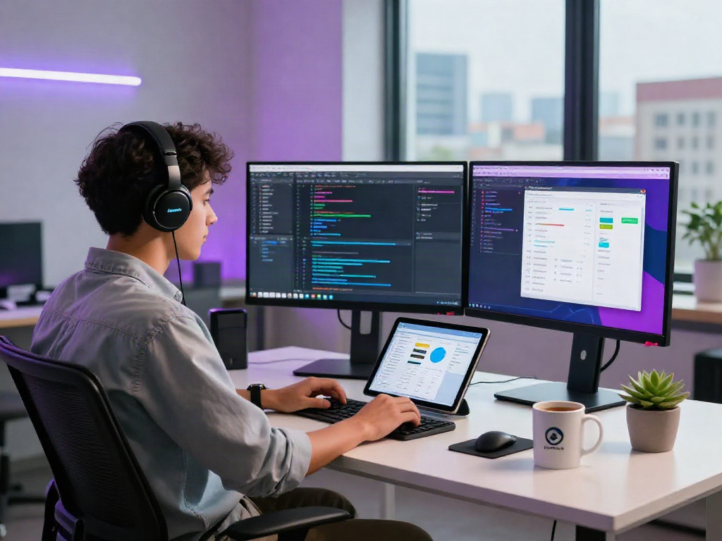 Engaging workspace for gb whatsapp developers with coding screens and modern decor.
