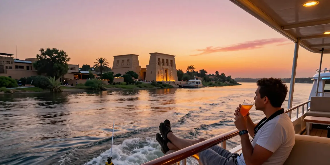 Luxor and Aswan Nile cruise at sunset with ancient temples in background, creating a serene travel atmosphere.