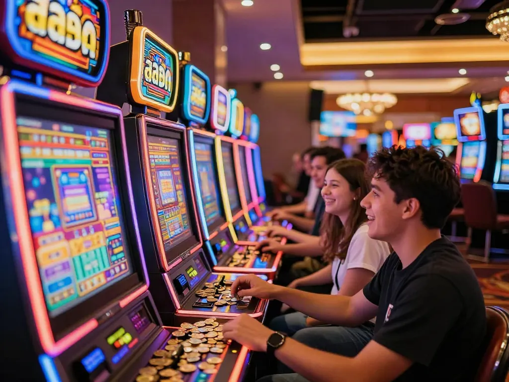 Exciting slot machines scene featuring players enjoying สล็อต games at a lively casino.